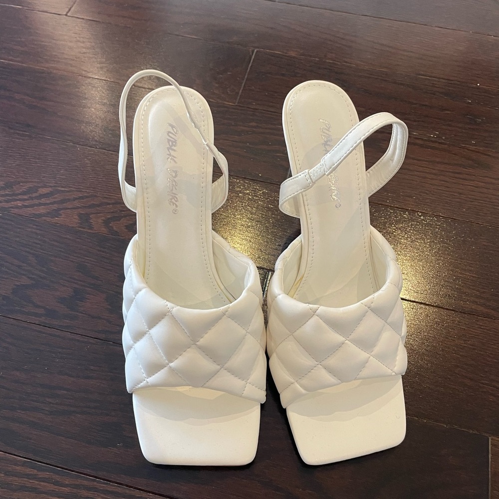 White quilted sling back heels
